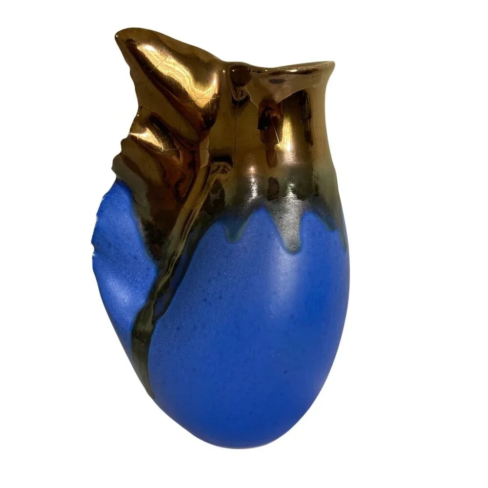 Retsis Bros Pottery Greek Hellas Metallic Golden Bronze And Blue Vase